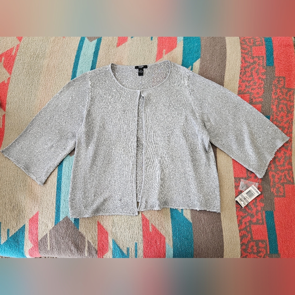 Alfani Woman Women's Shimmering Silver Blouse Top Cardigan Size 1X New